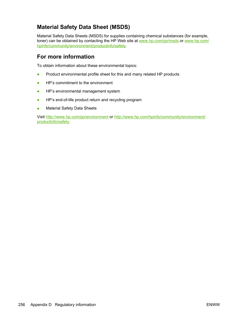 Material safety data sheet (msds), For more information | HP LaserJet M4345 Multifunction Printer series User Manual | Page 268 / 296