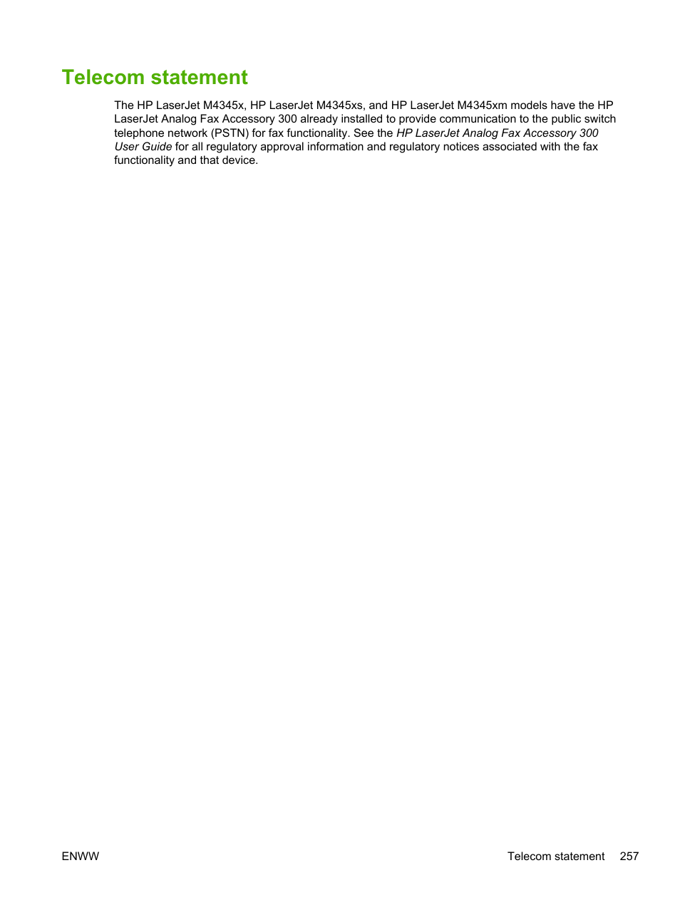 Telecom statement | HP LaserJet M4345 Multifunction Printer series User Manual | Page 269 / 296