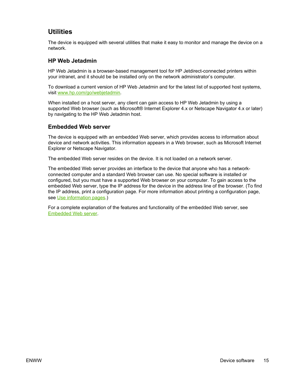 Utilities, Hp web jetadmin, Embedded web server | Hp web jetadmin embedded web server | HP LaserJet M4345 Multifunction Printer series User Manual | Page 27 / 296