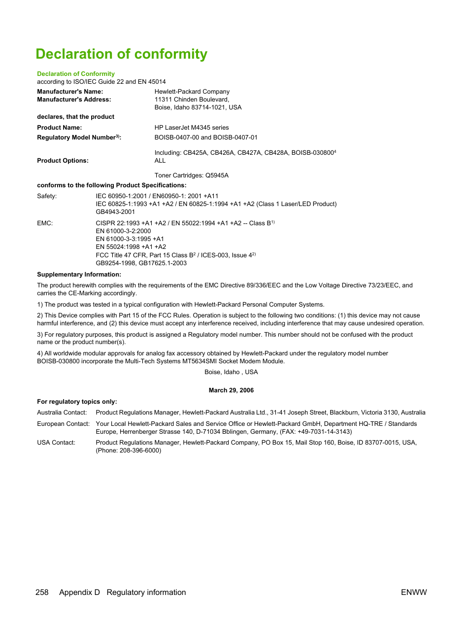 Declaration of conformity, 258 appendix d regulatory information enww | HP LaserJet M4345 Multifunction Printer series User Manual | Page 270 / 296