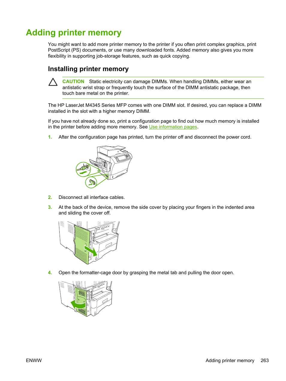 Adding printer memory, Installing printer memory | HP LaserJet M4345 Multifunction Printer series User Manual | Page 275 / 296