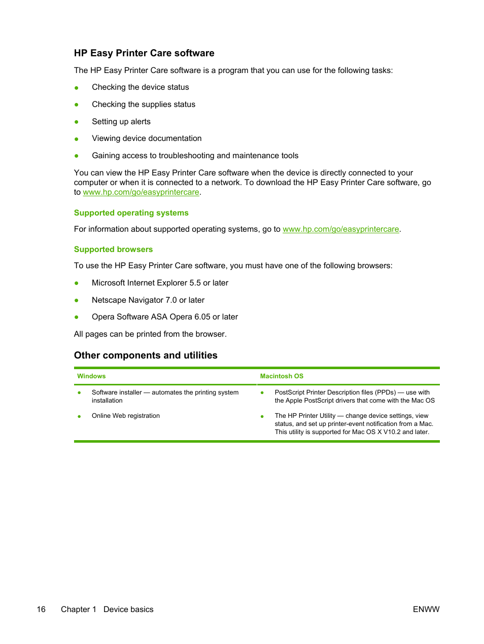 Hp easy printer care software, Supported operating systems, Supported browsers | Other components and utilities, Supported operating systems supported browsers | HP LaserJet M4345 Multifunction Printer series User Manual | Page 28 / 296