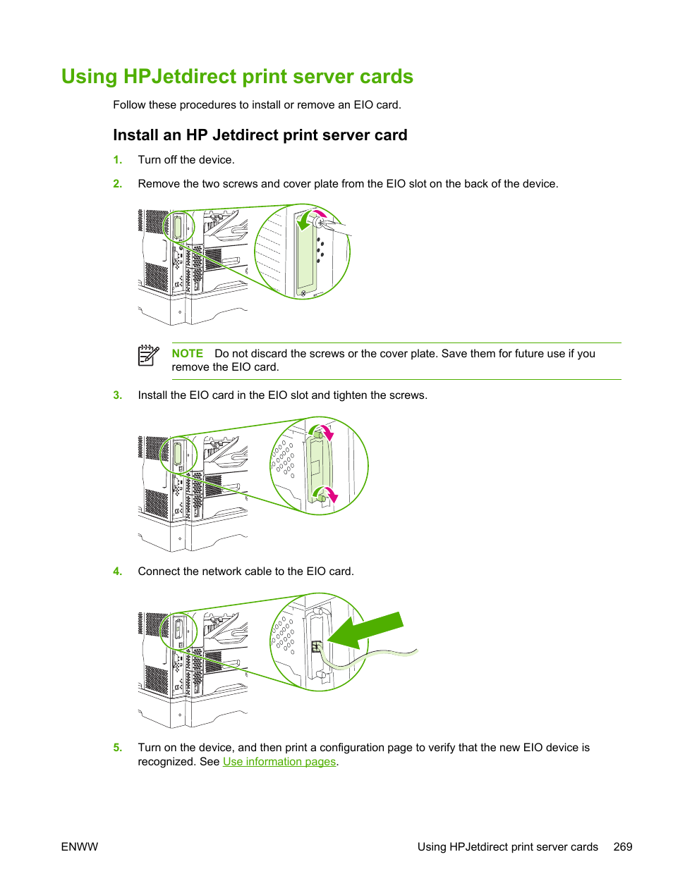 Using hpjetdirect print server cards, Install an hp jetdirect print server card | HP LaserJet M4345 Multifunction Printer series User Manual | Page 281 / 296