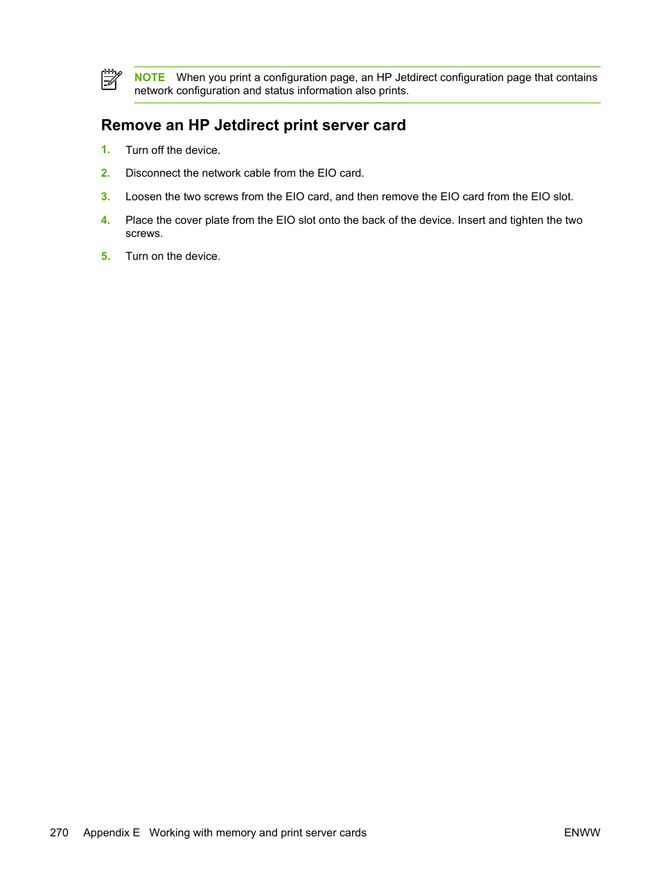 Remove an hp jetdirect print server card | HP LaserJet M4345 Multifunction Printer series User Manual | Page 282 / 296