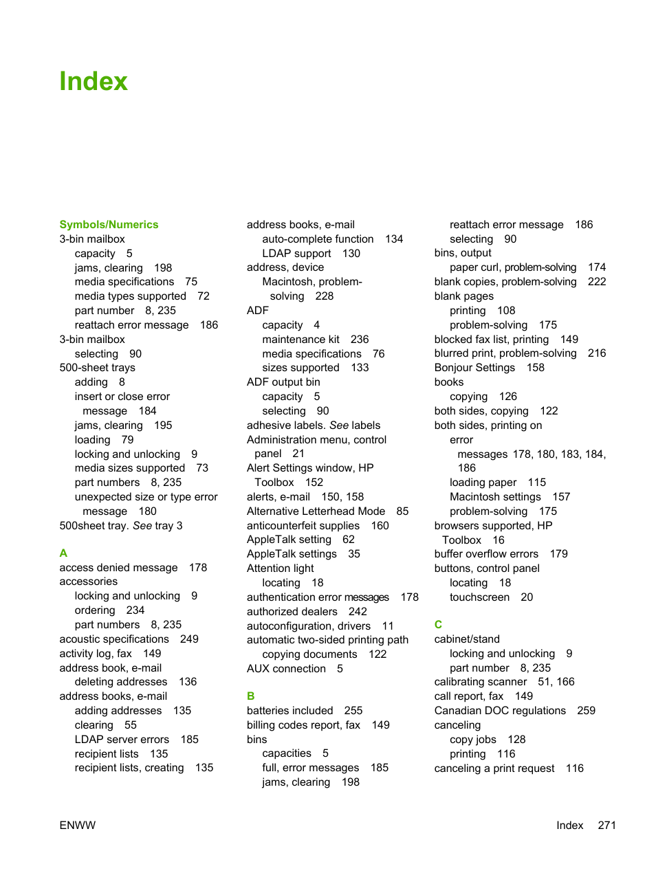 Index | HP LaserJet M4345 Multifunction Printer series User Manual | Page 283 / 296