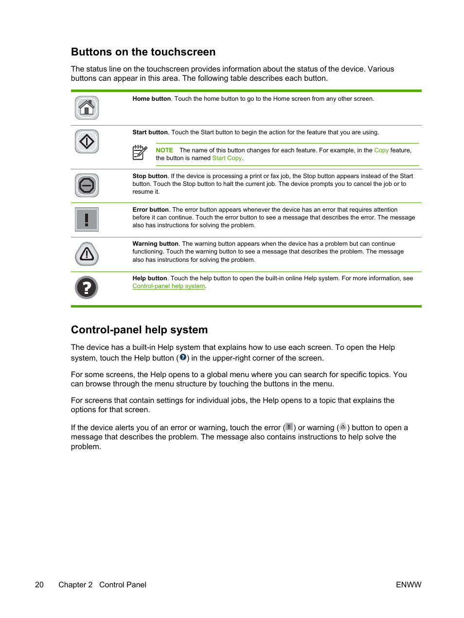 Buttons on the touchscreen, Control-panel help system | HP LaserJet M4345 Multifunction Printer series User Manual | Page 32 / 296