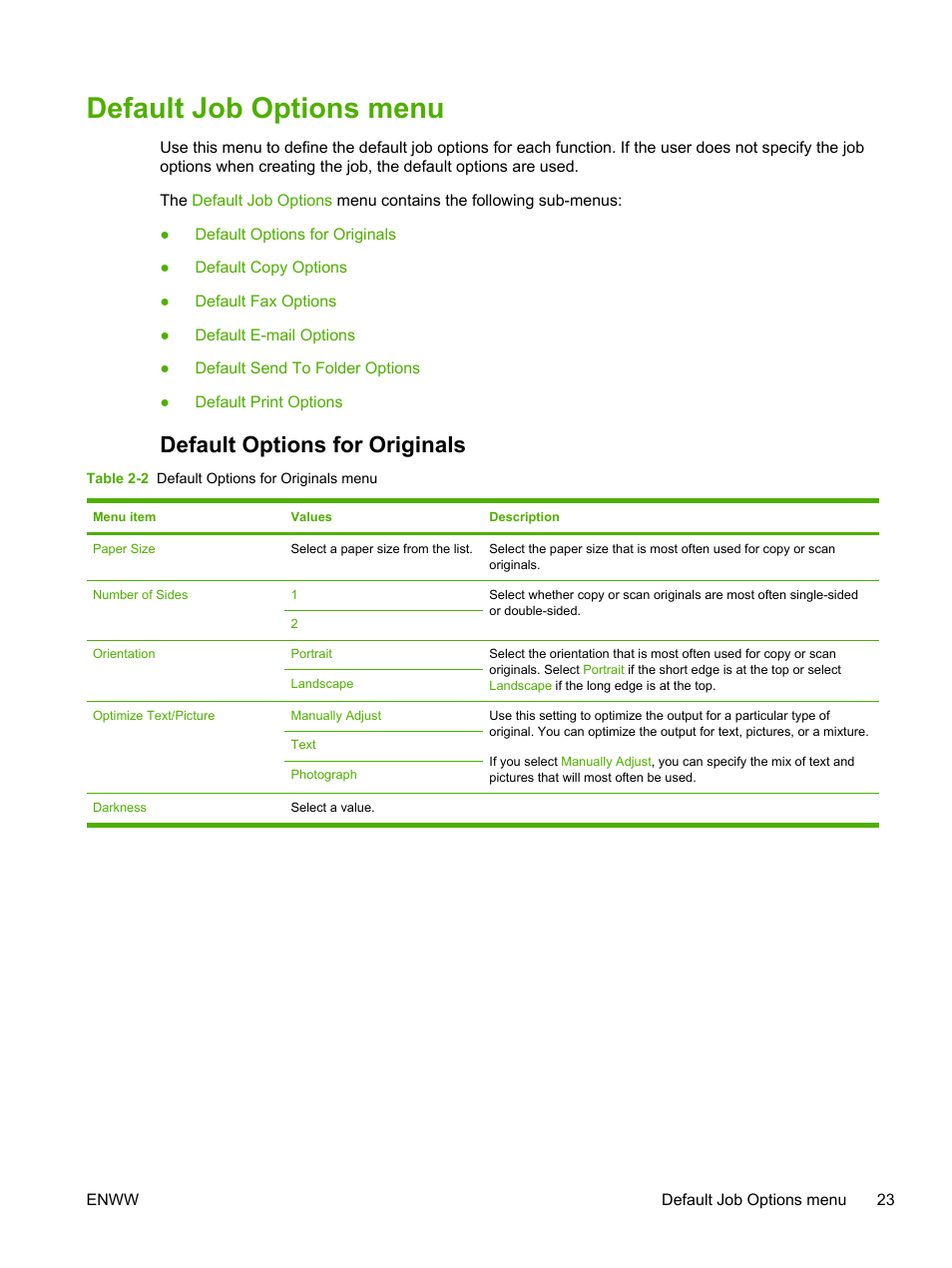 Default job options menu, Default options for originals | HP LaserJet M4345 Multifunction Printer series User Manual | Page 35 / 296
