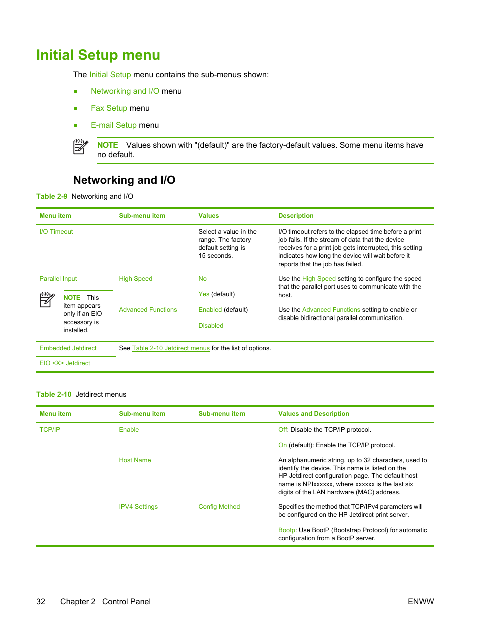 Initial setup menu, Networking and i/o | HP LaserJet M4345 Multifunction Printer series User Manual | Page 44 / 296