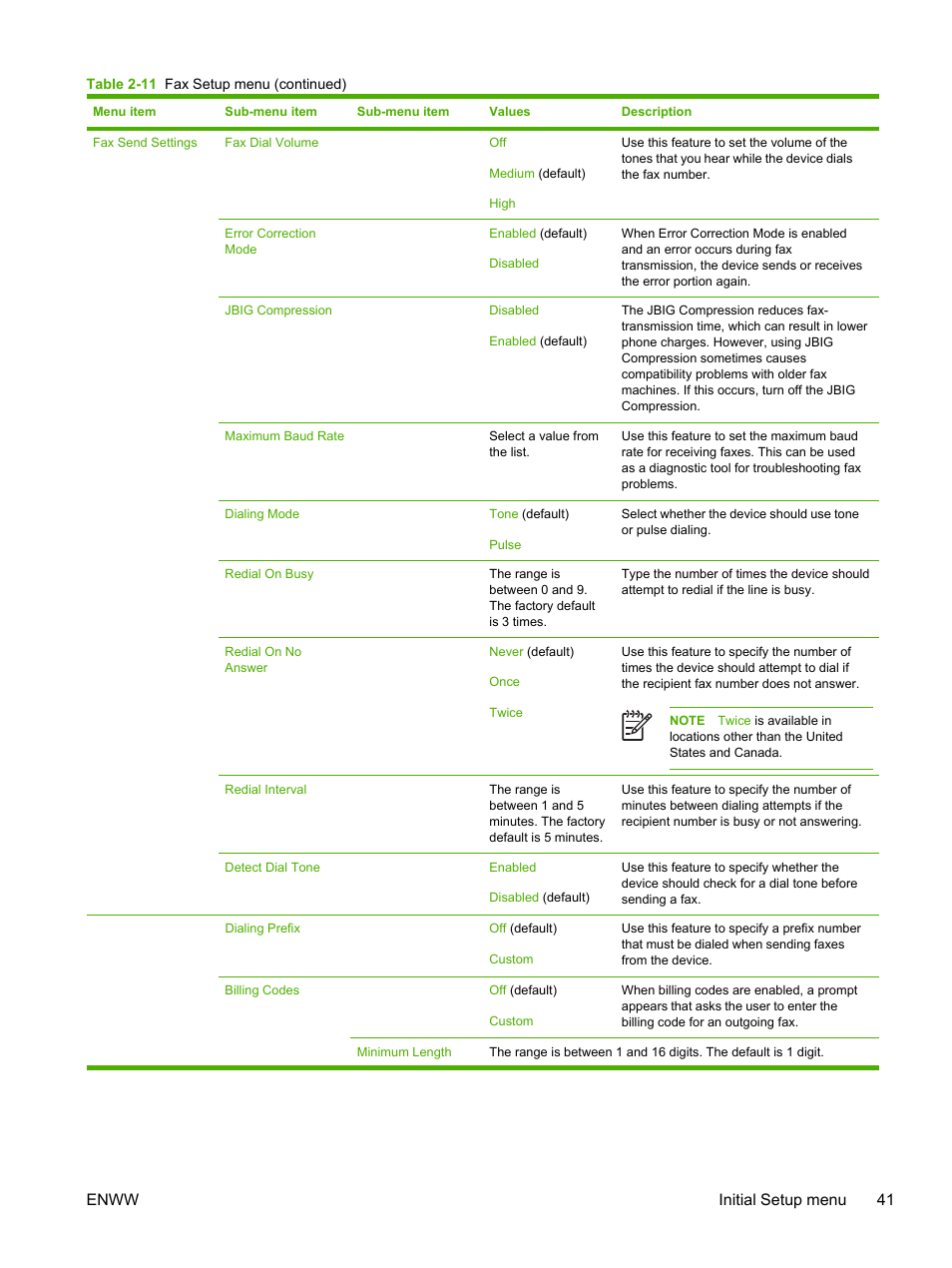 Enww initial setup menu 41 | HP LaserJet M4345 Multifunction Printer series User Manual | Page 53 / 296