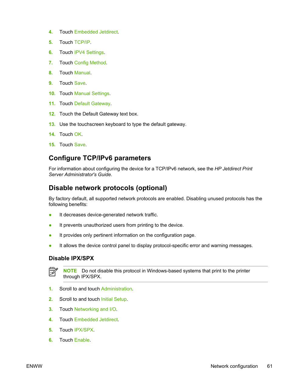 Configure tcp/ipv6 parameters, Disable network protocols (optional), Disable ipx/spx | HP LaserJet M4345 Multifunction Printer series User Manual | Page 73 / 296