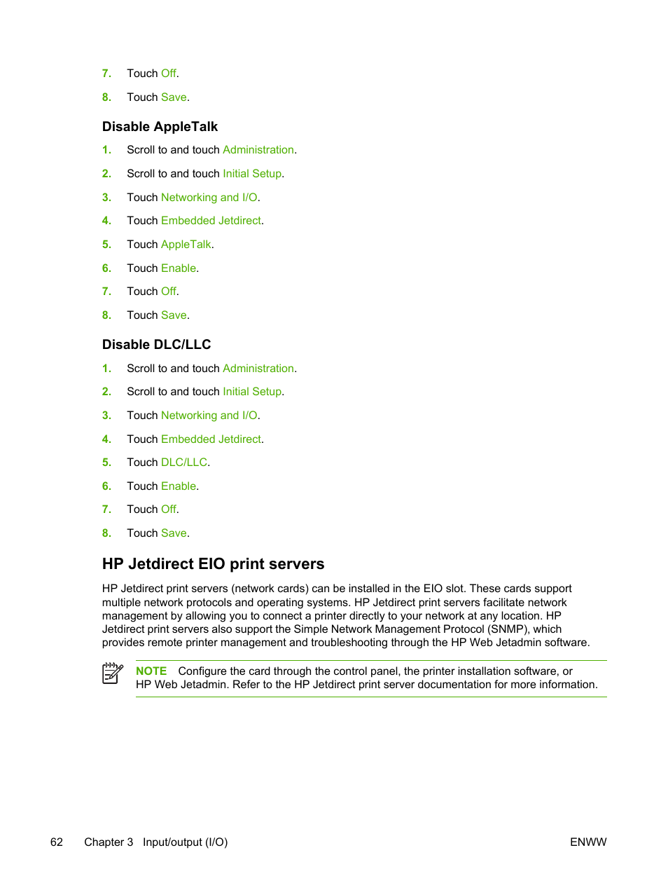 Disable appletalk, Disable dlc/llc, Hp jetdirect eio print servers | Disable appletalk disable dlc/llc | HP LaserJet M4345 Multifunction Printer series User Manual | Page 74 / 296