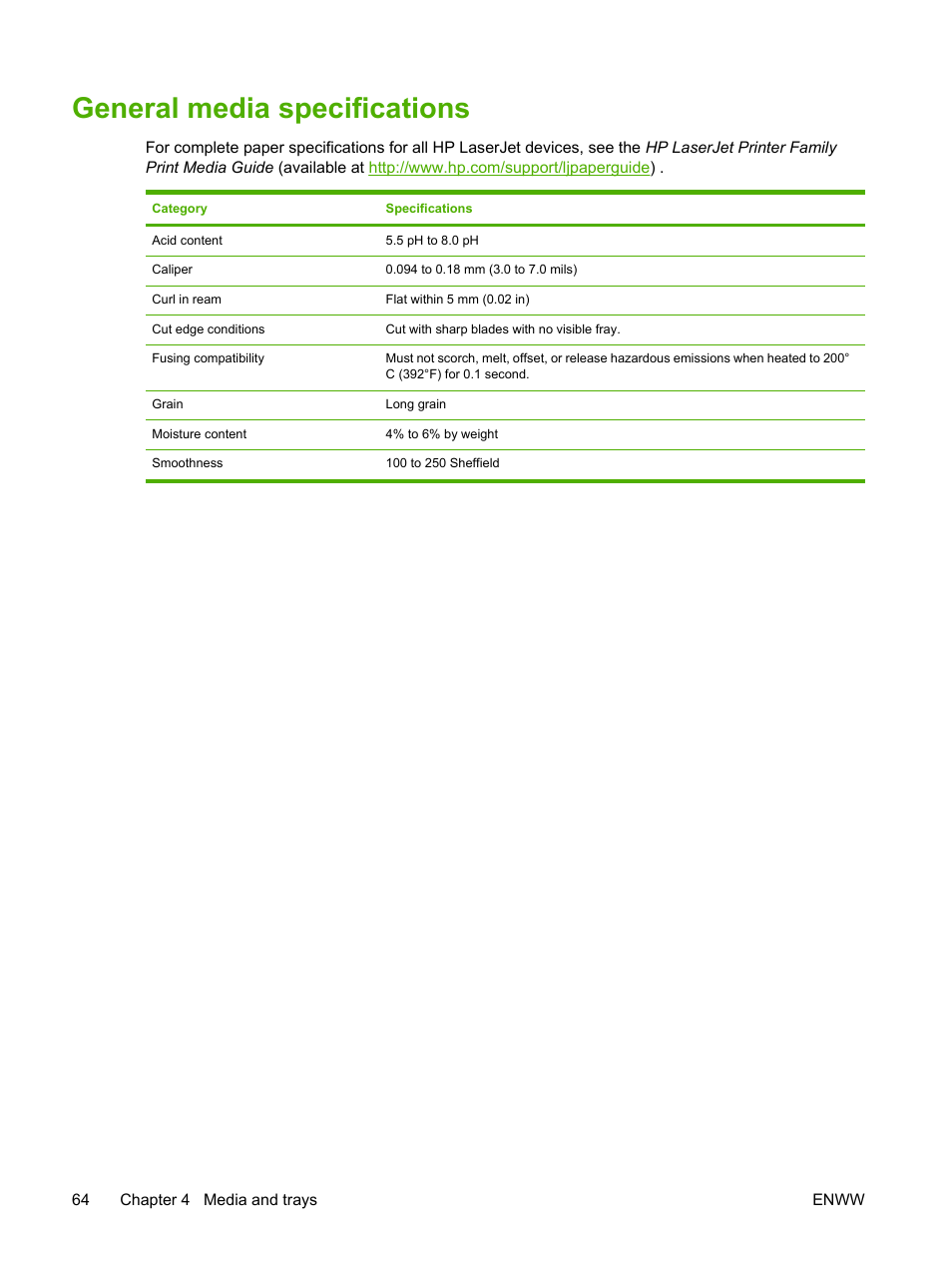 General media specifications | HP LaserJet M4345 Multifunction Printer series User Manual | Page 76 / 296