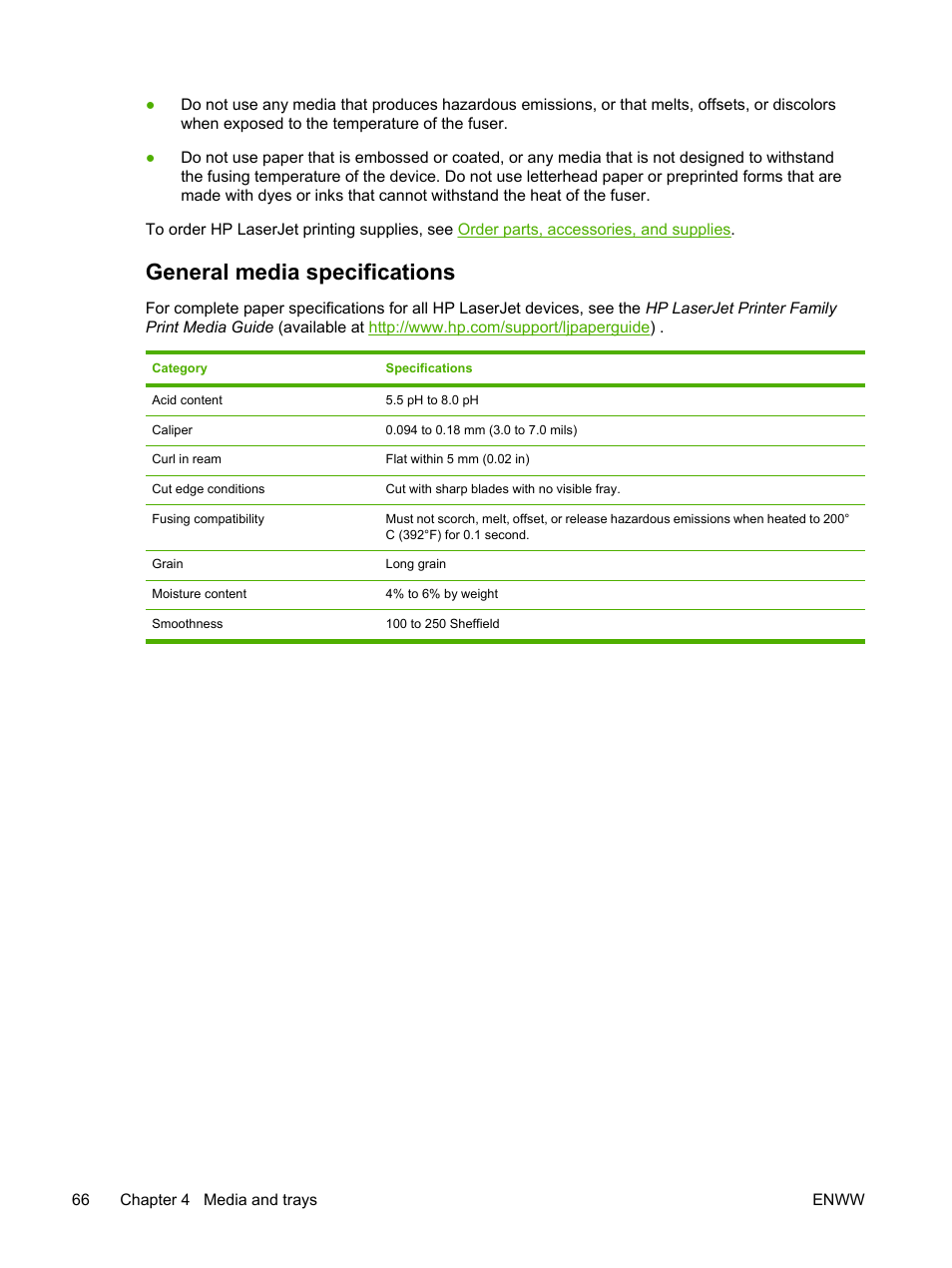 General media specifications | HP LaserJet M4345 Multifunction Printer series User Manual | Page 78 / 296