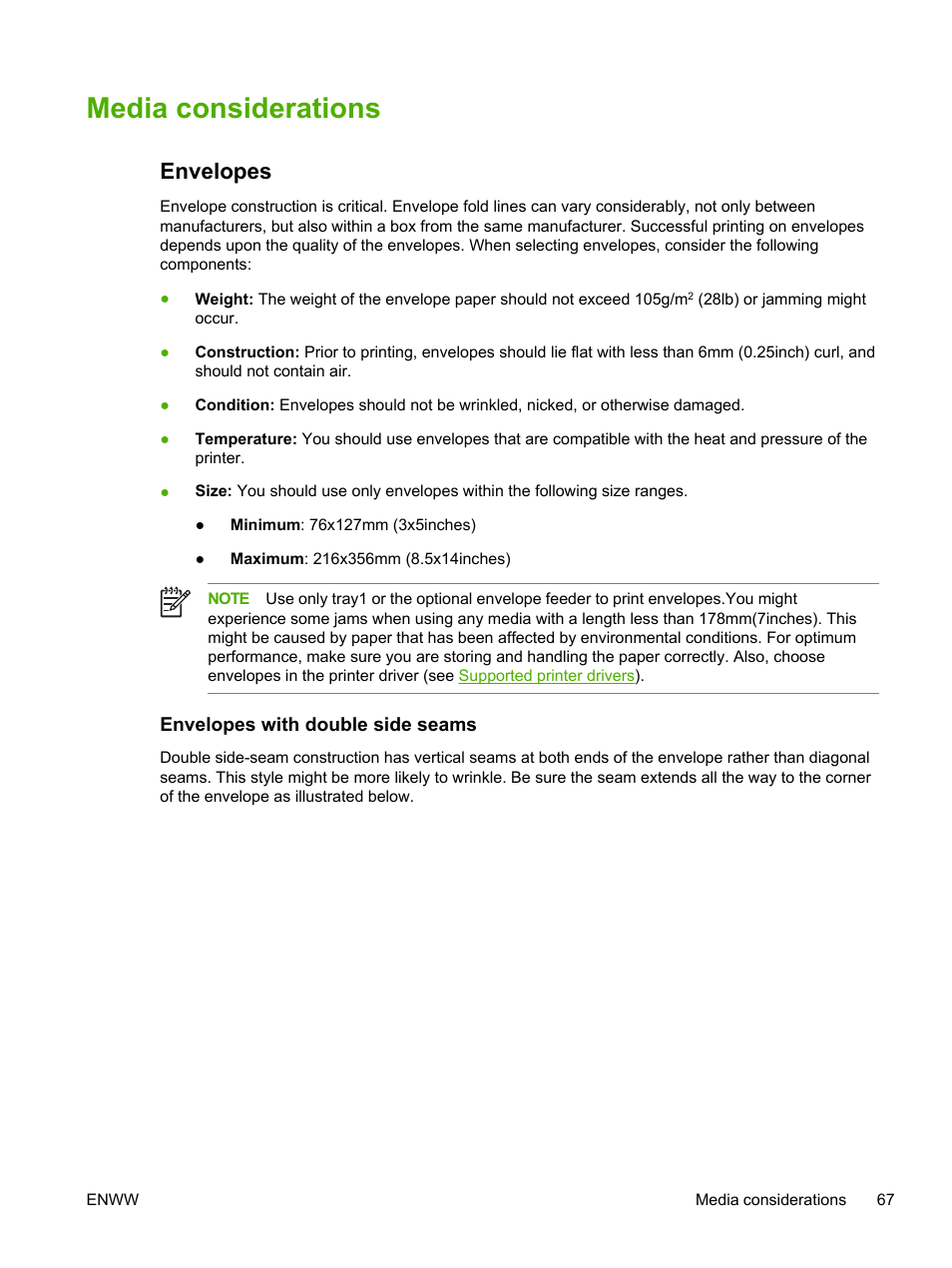 Media considerations, Envelopes, Envelopes with double side seams | HP LaserJet M4345 Multifunction Printer series User Manual | Page 79 / 296