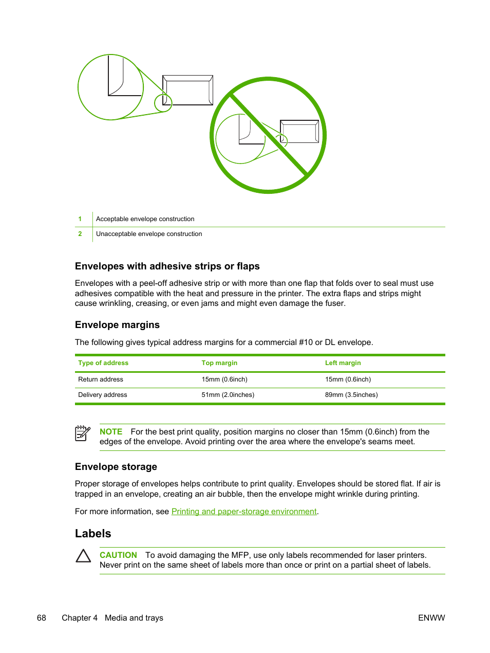 Envelopes with adhesive strips or flaps, Envelope margins, Envelope storage | Labels | HP LaserJet M4345 Multifunction Printer series User Manual | Page 80 / 296