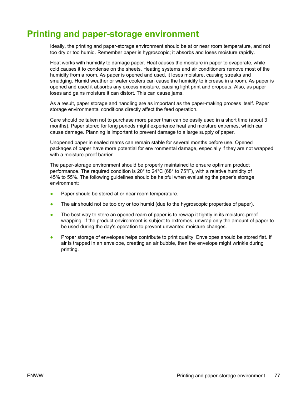 Printing and paper-storage environment | HP LaserJet M4345 Multifunction Printer series User Manual | Page 89 / 296