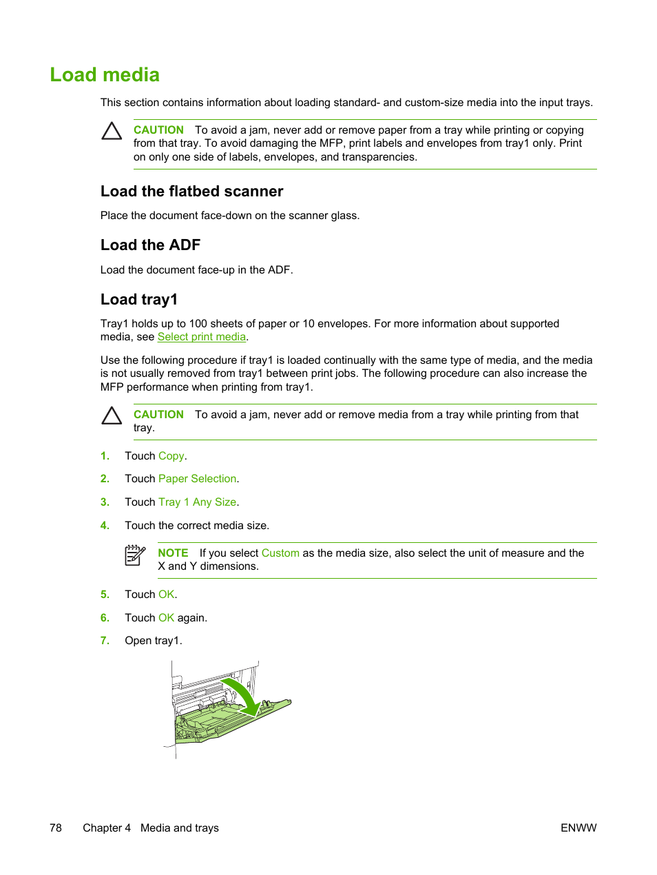 Load media, Load the flatbed scanner, Load the adf | Load tray1, Load the flatbed scanner load the adf load tray1 | HP LaserJet M4345 Multifunction Printer series User Manual | Page 90 / 296