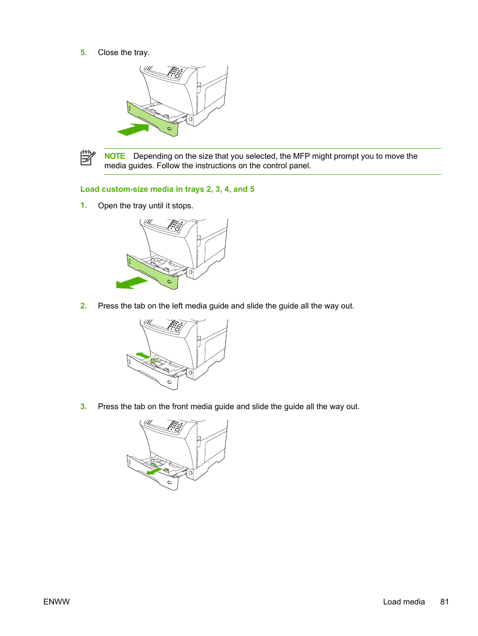 Load custom-size media in trays 2, 3, 4, and 5 | HP LaserJet M4345 Multifunction Printer series User Manual | Page 93 / 296