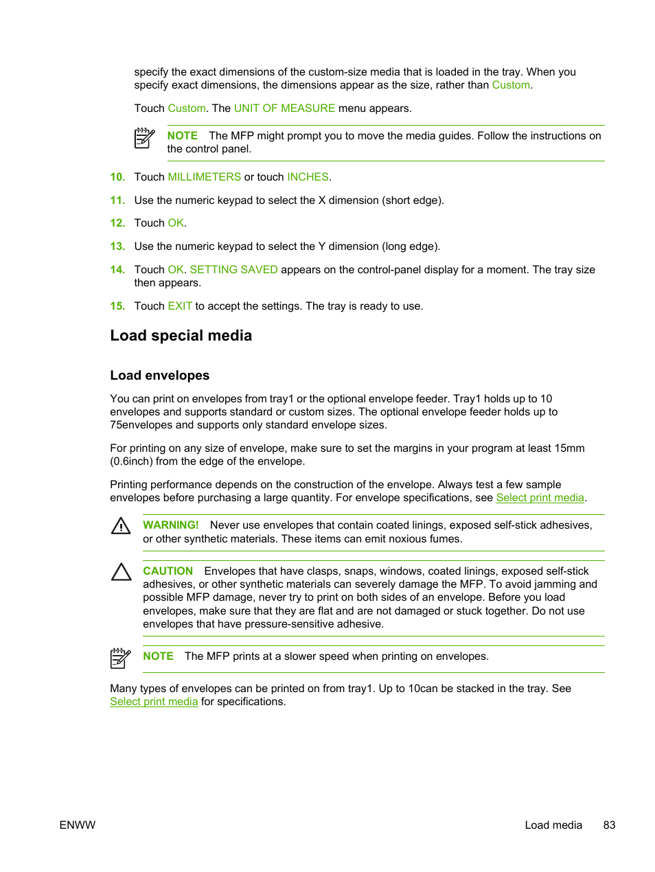 Load special media, Load envelopes | HP LaserJet M4345 Multifunction Printer series User Manual | Page 95 / 296