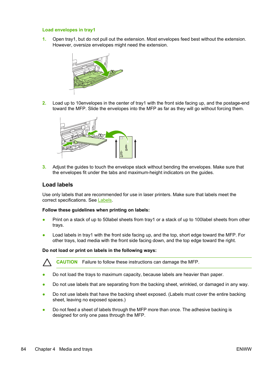 Load labels | HP LaserJet M4345 Multifunction Printer series User Manual | Page 96 / 296