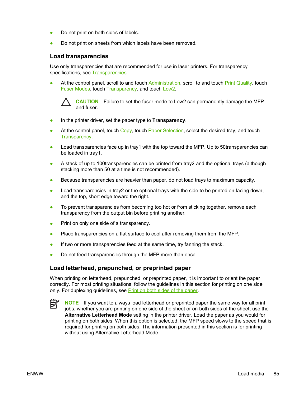 Load transparencies, Load letterhead, prepunched, or preprinted paper | HP LaserJet M4345 Multifunction Printer series User Manual | Page 97 / 296