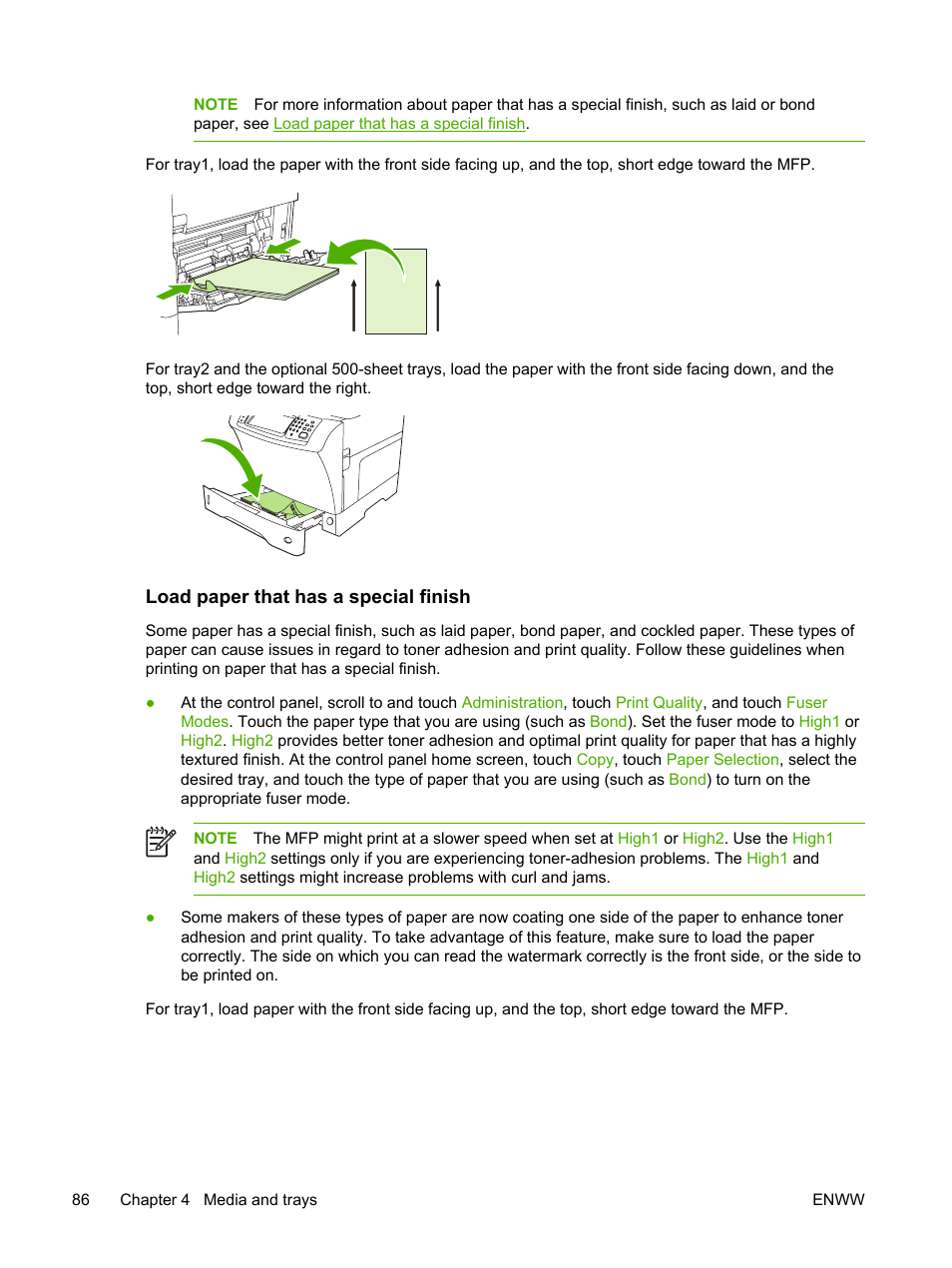 Load paper that has a special finish | HP LaserJet M4345 Multifunction Printer series User Manual | Page 98 / 296