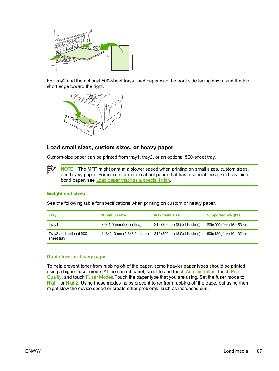 Load small sizes, custom sizes, or heavy paper, Weight and sizes, Guidelines for heavy paper | Weight and sizes guidelines for heavy paper, Custom-size paper, see | HP LaserJet M4345 Multifunction Printer series User Manual | Page 99 / 296