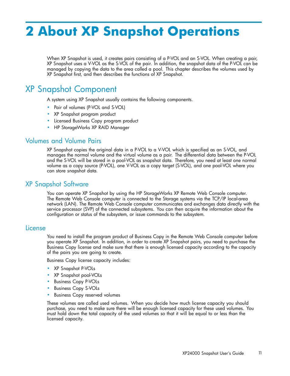 2 about xp snapshot operations, Xp snapshot component, Volumes and volume pairs | Xp snapshot software, License | HP StorageWorks XP Remote Web Console Software User Manual | Page 11 / 82