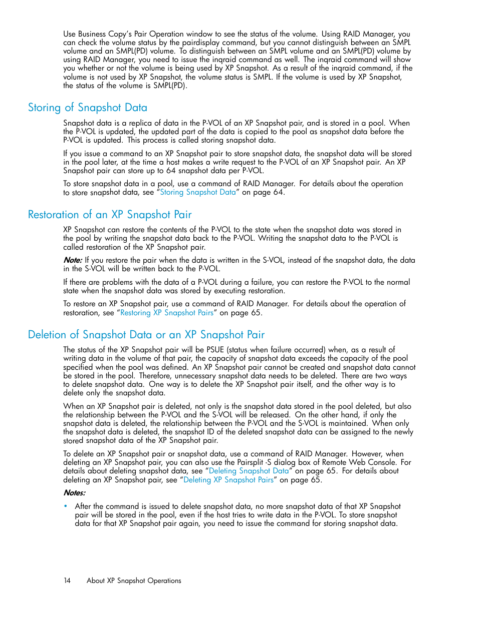 Storing of snapshot data, Restoration of an xp snapshot pair, Deletion of snapshot data or an xp snapshot pair | HP StorageWorks XP Remote Web Console Software User Manual | Page 14 / 82