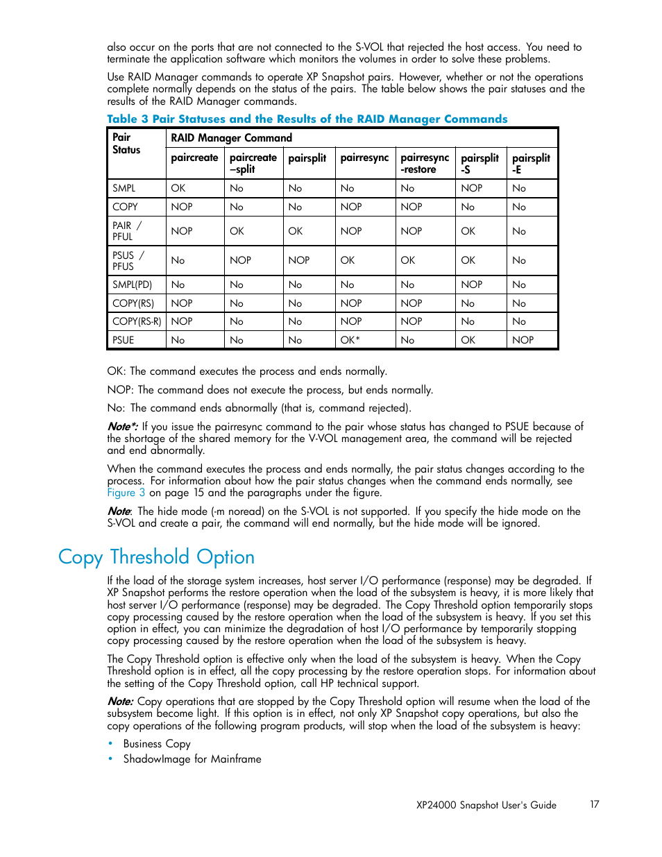 Copy threshold option, 3 pair, Statuses | Results, Raid, Manager, Commands | HP StorageWorks XP Remote Web Console Software User Manual | Page 17 / 82