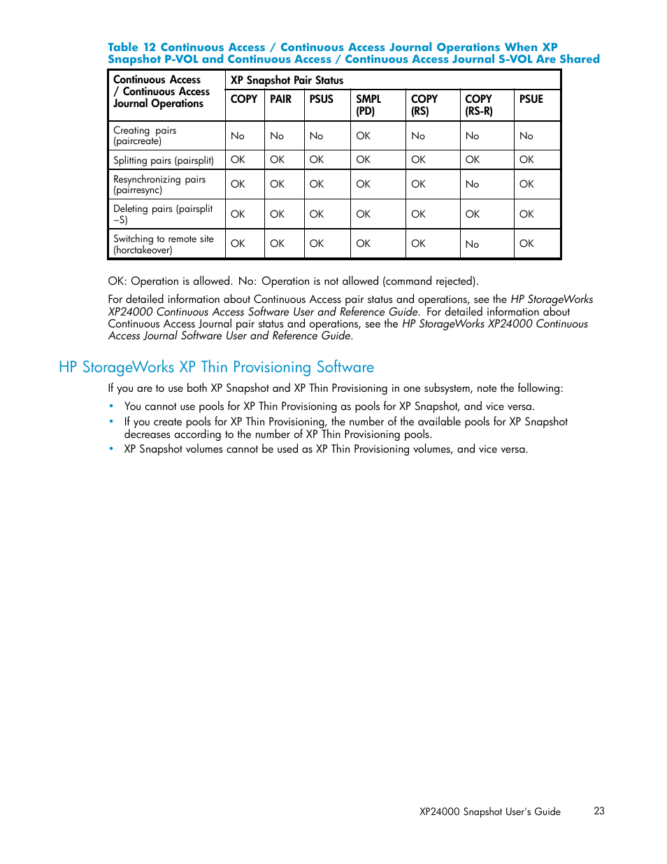 Hp storageworks xp thin provisioning software, Continuous, Access | Journal, S-vol, Shared, Ough, Table 12 | HP StorageWorks XP Remote Web Console Software User Manual | Page 23 / 82