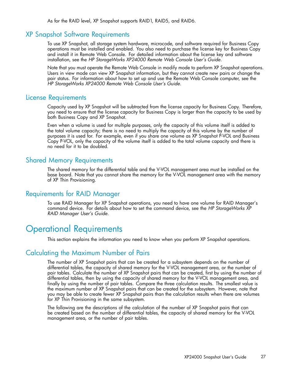 Operational requirements, Xp snapshot software requirements, License requirements | Shared memory requirements, Requirements for raid manager, Calculating the maximum number of pairs | HP StorageWorks XP Remote Web Console Software User Manual | Page 27 / 82