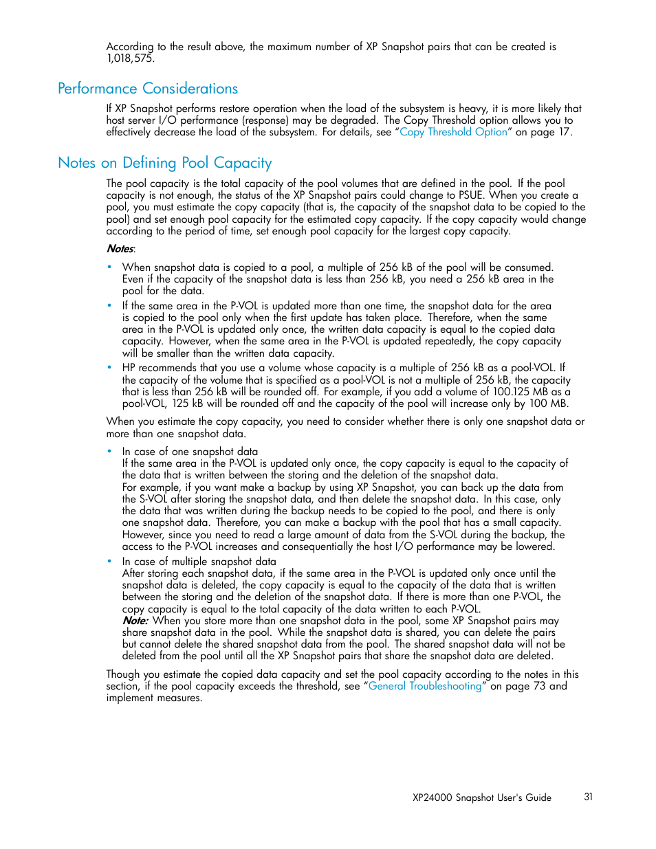 Performance considerations, Notes on deﬁning pool capacity | HP StorageWorks XP Remote Web Console Software User Manual | Page 31 / 82