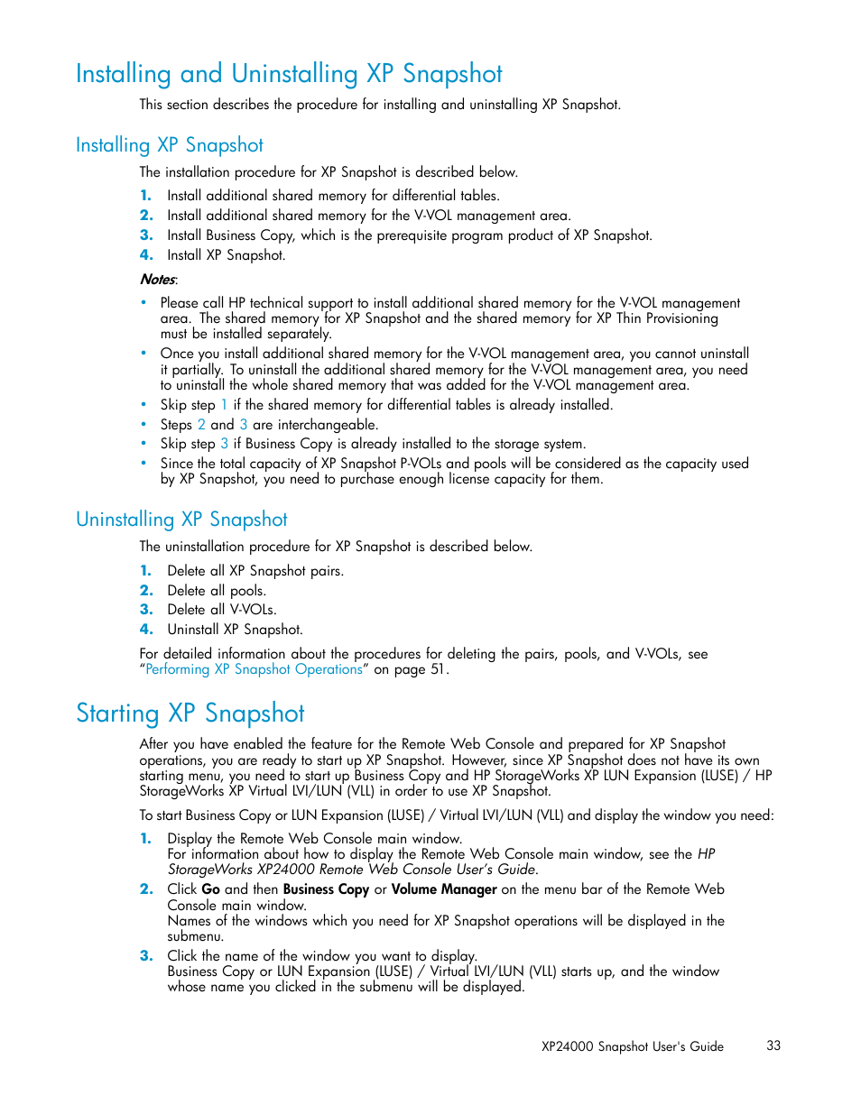 Installing and uninstalling xp snapshot, Starting xp snapshot, Installing xp snapshot | Uninstalling xp snapshot | HP StorageWorks XP Remote Web Console Software User Manual | Page 33 / 82
