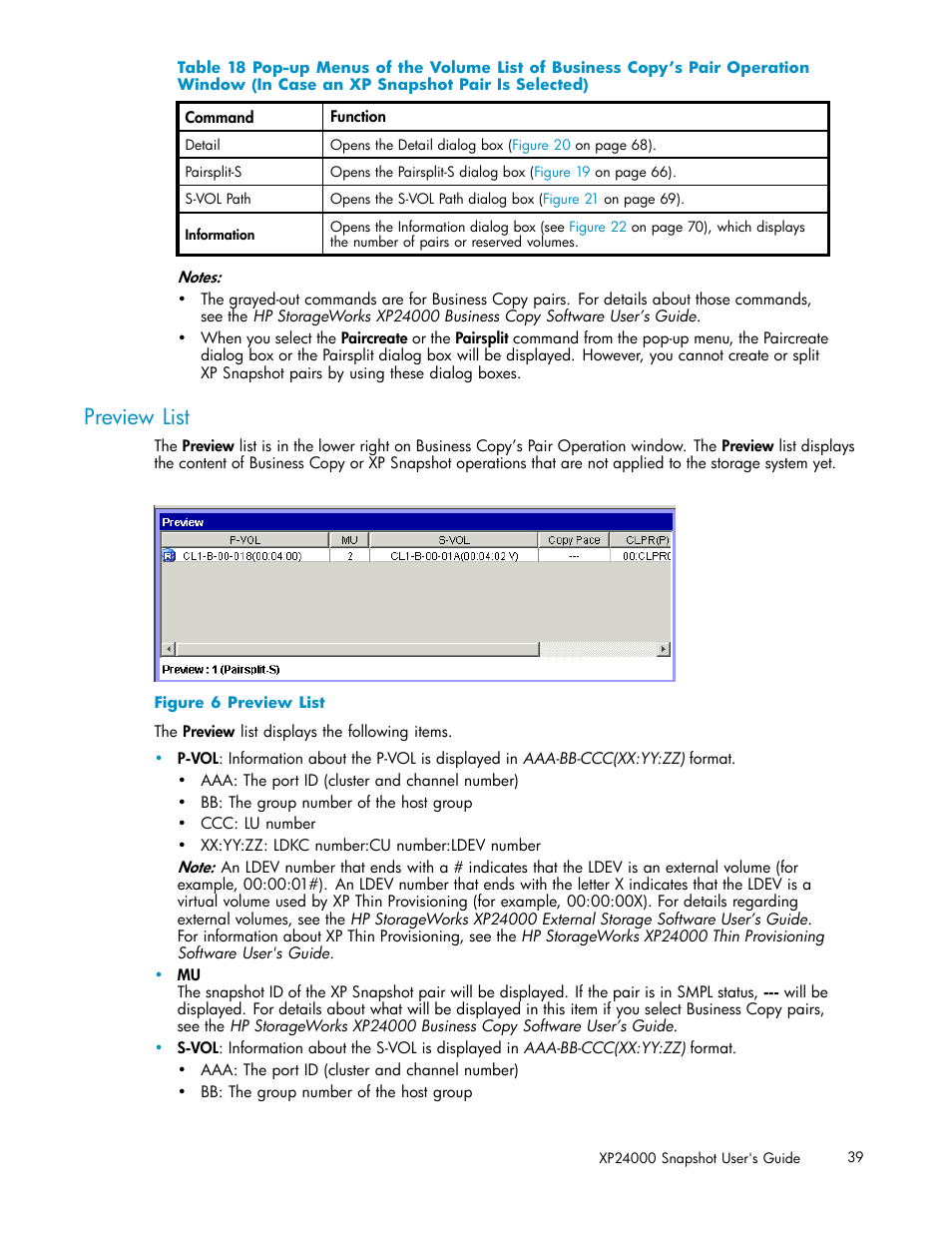 Preview list, Snapshot pair is selected) | HP StorageWorks XP Remote Web Console Software User Manual | Page 39 / 82