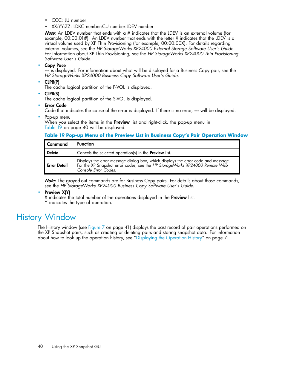 History window | HP StorageWorks XP Remote Web Console Software User Manual | Page 40 / 82