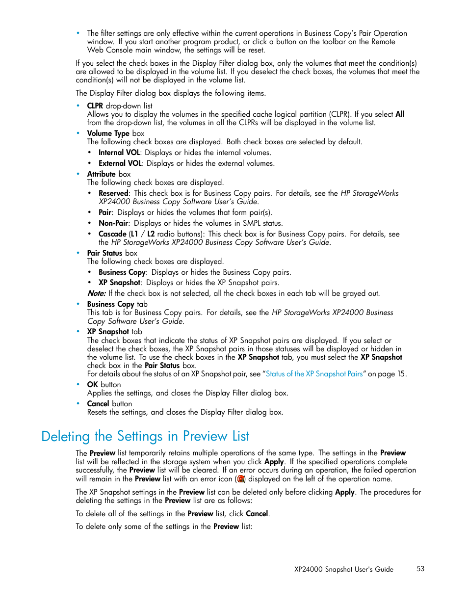 Deleting the settings in preview list | HP StorageWorks XP Remote Web Console Software User Manual | Page 53 / 82