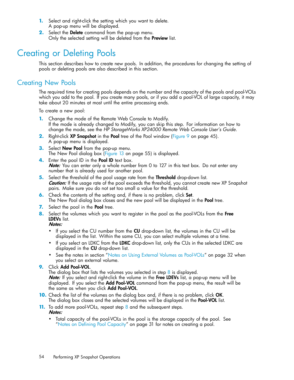 Creating or deleting pools, Creating new pools | HP StorageWorks XP Remote Web Console Software User Manual | Page 54 / 82