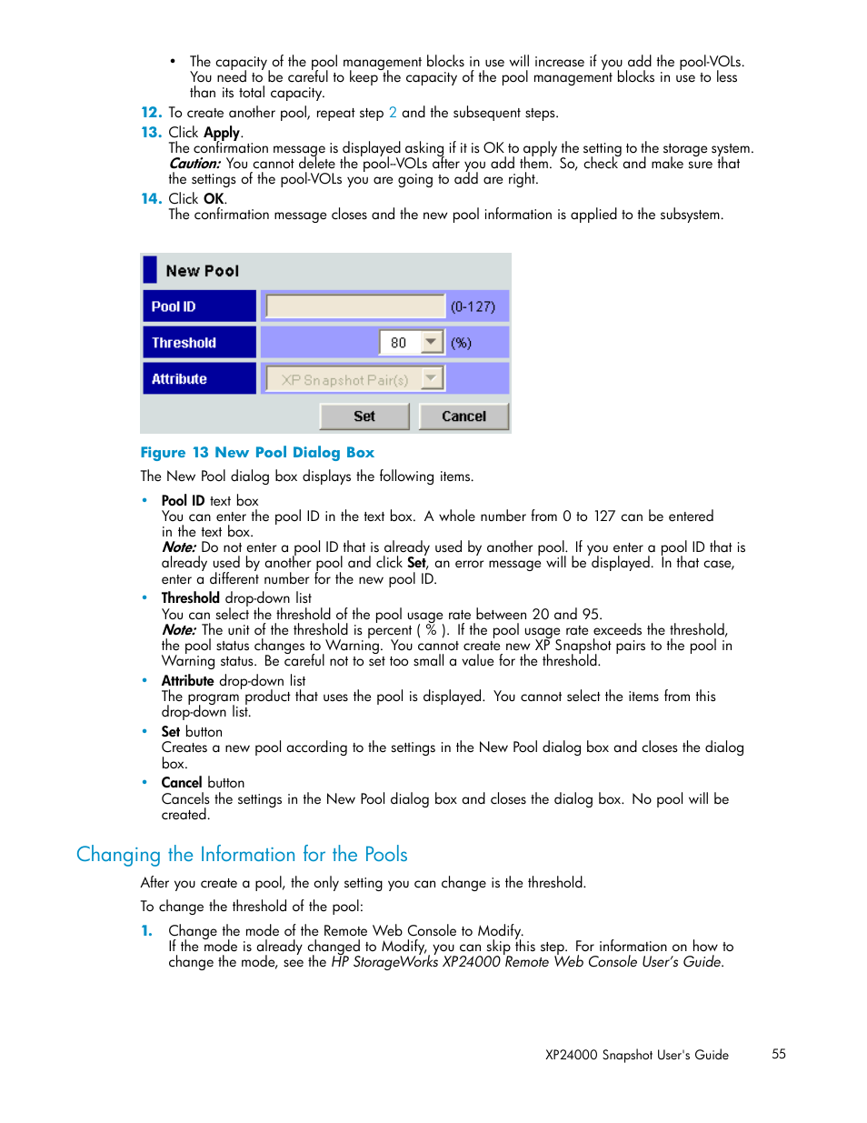 Changing the information for the pools, New pool dialog box, Figure 13 | HP StorageWorks XP Remote Web Console Software User Manual | Page 55 / 82