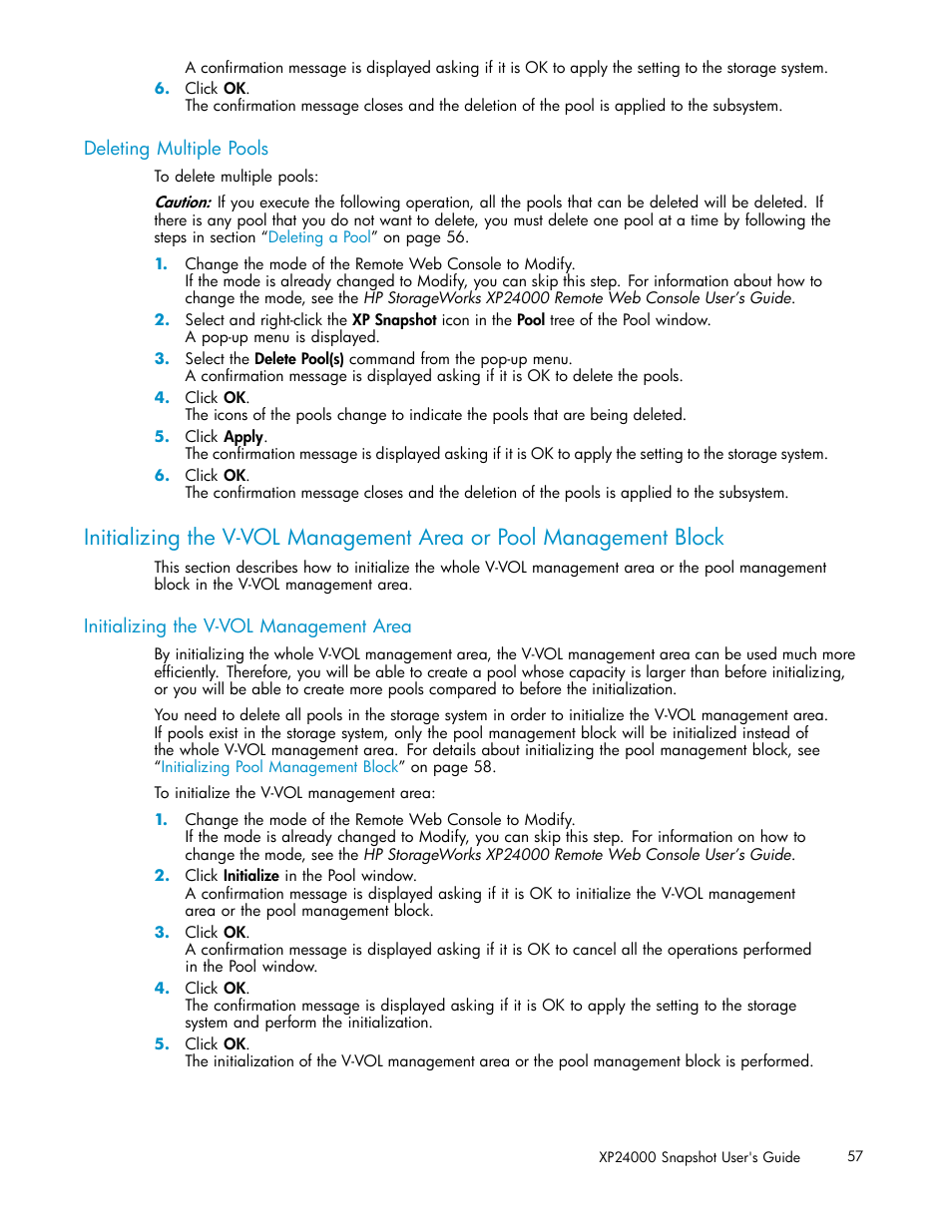 Deleting multiple pools, Initializing the v-vol management area | HP StorageWorks XP Remote Web Console Software User Manual | Page 57 / 82