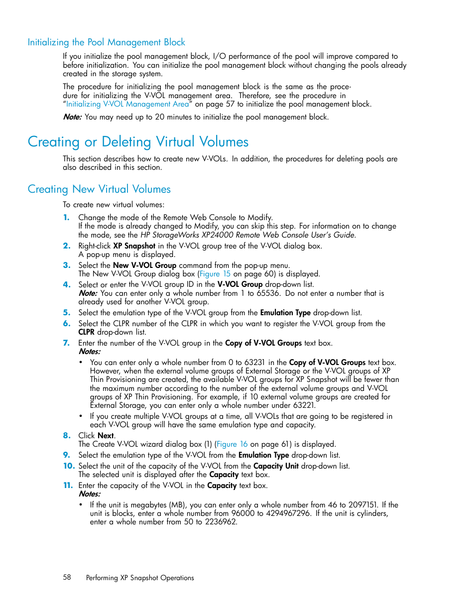 Creating or deleting virtual volumes, Initializing the pool management block, Creating new virtual volumes | Initializing pool management block | HP StorageWorks XP Remote Web Console Software User Manual | Page 58 / 82