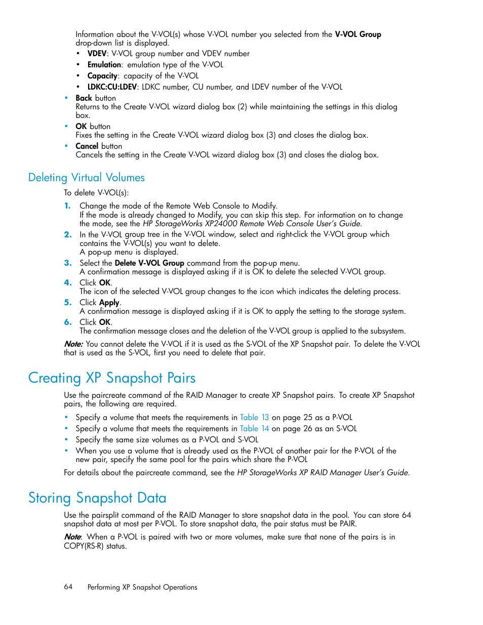 Creating xp snapshot pairs, Storing snapshot data, Deleting virtual volumes | HP StorageWorks XP Remote Web Console Software User Manual | Page 64 / 82