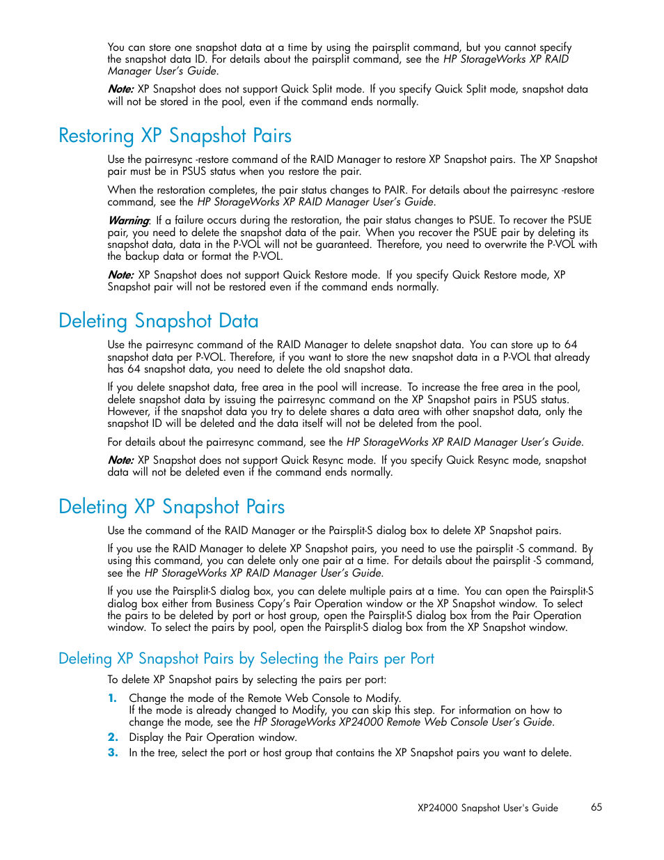 Restoring xp snapshot pairs, Deleting snapshot data, Deleting xp snapshot pairs | HP StorageWorks XP Remote Web Console Software User Manual | Page 65 / 82
