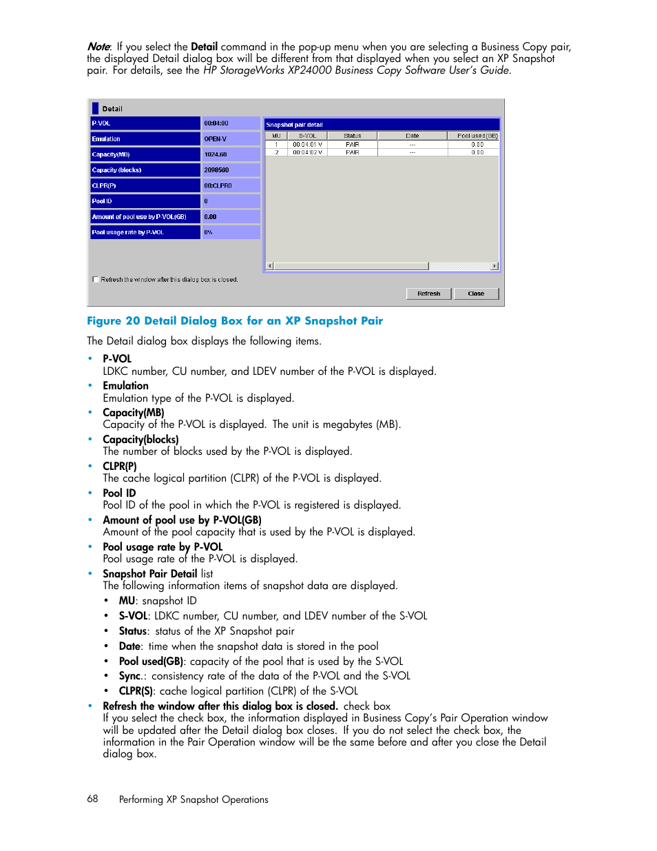 Detail dialog box for an xp snapshot pair, Figure 20 | HP StorageWorks XP Remote Web Console Software User Manual | Page 68 / 82
