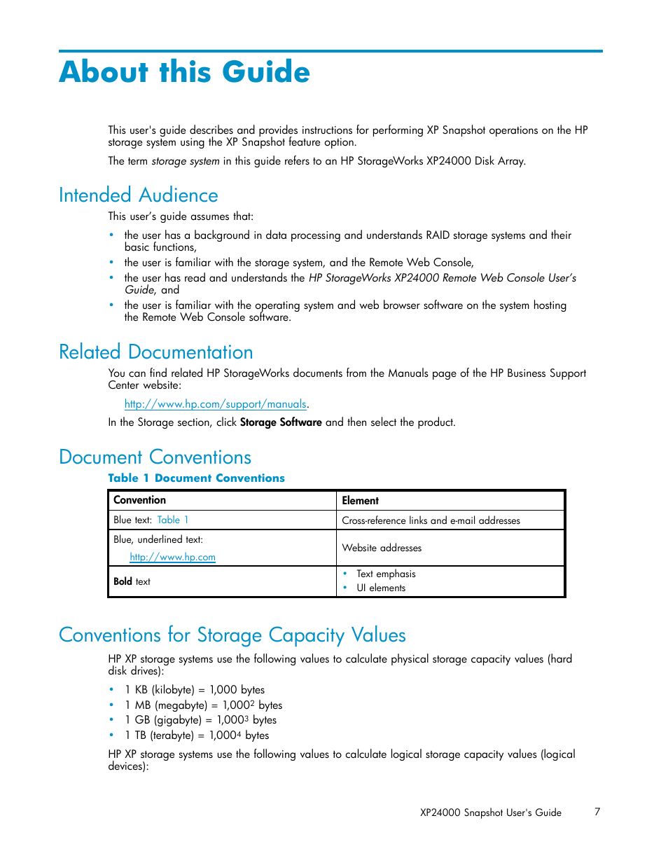 About this guide, Intended audience, Related documentation | Document conventions, Conventions for storage capacity values, 1 document conventions | HP StorageWorks XP Remote Web Console Software User Manual | Page 7 / 82