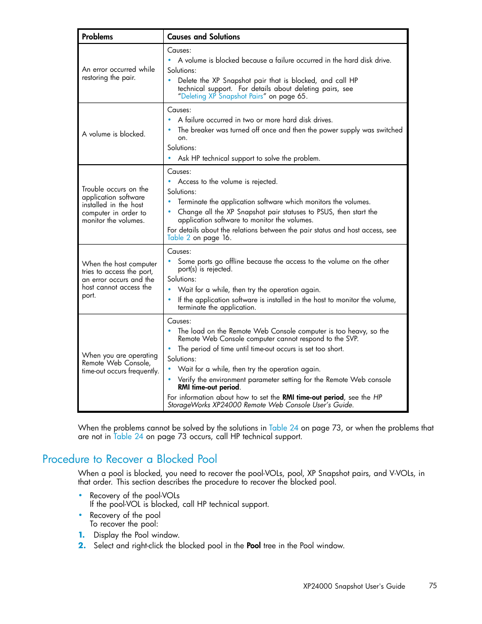 Procedure to recover a blocked pool | HP StorageWorks XP Remote Web Console Software User Manual | Page 75 / 82