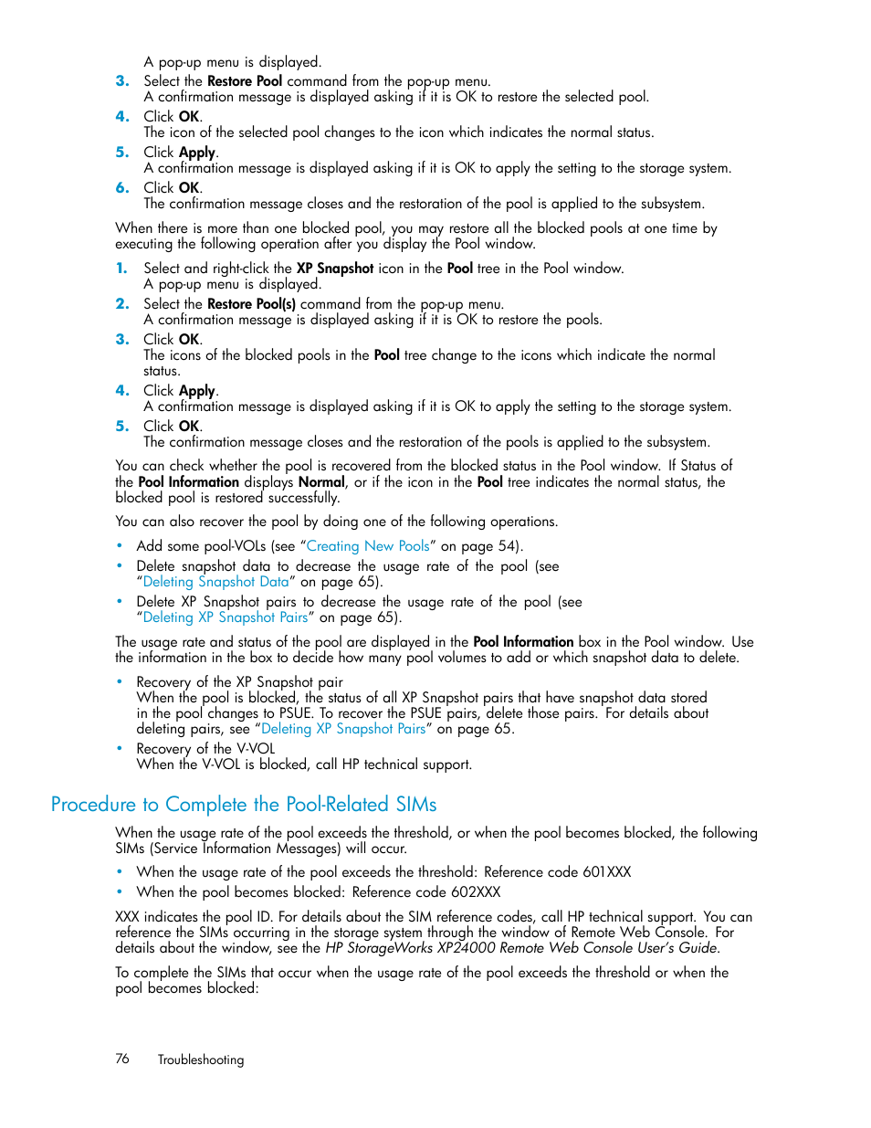 Procedure to complete the pool-related sims, Procedure to complete the pool related sims | HP StorageWorks XP Remote Web Console Software User Manual | Page 76 / 82