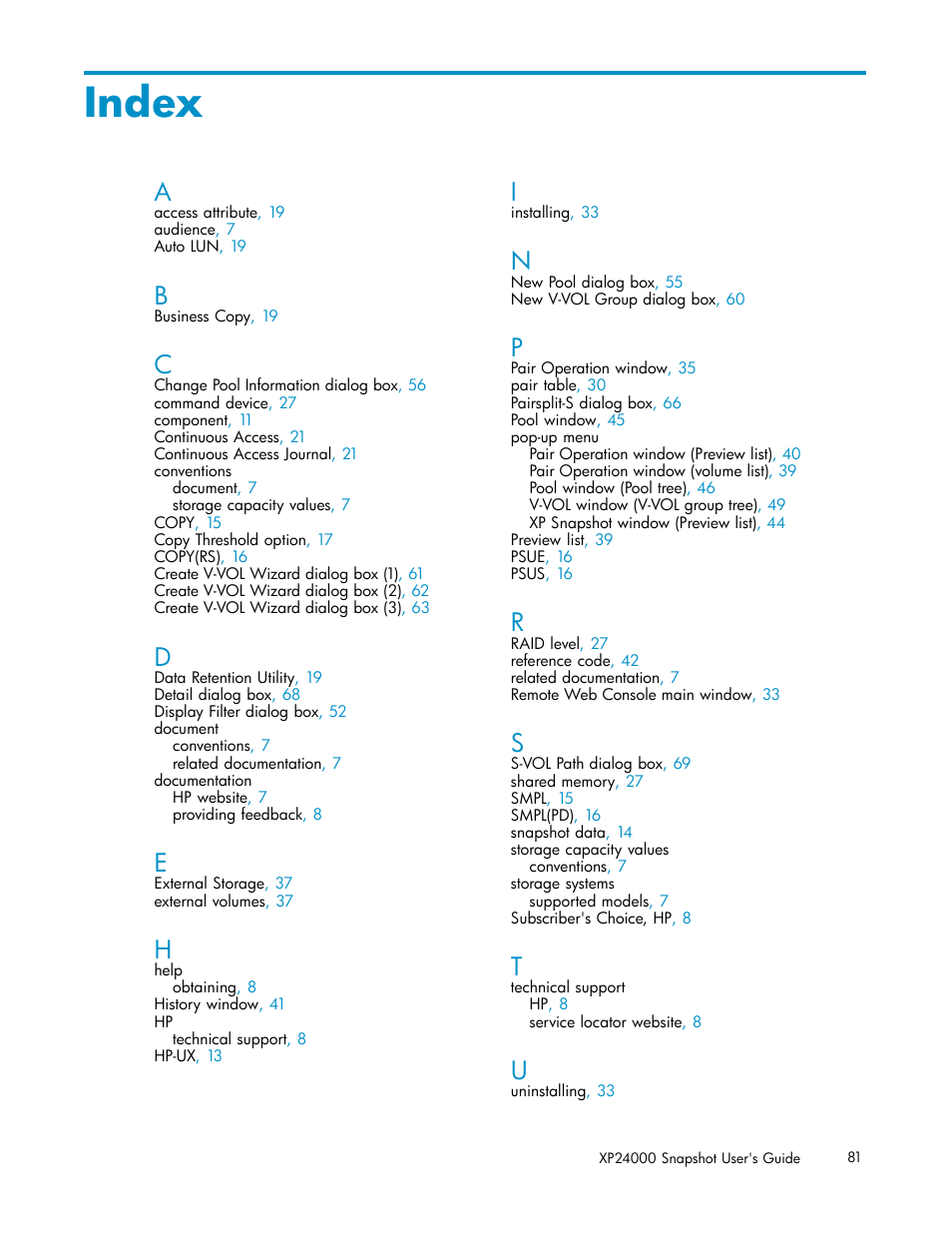 Index | HP StorageWorks XP Remote Web Console Software User Manual | Page 81 / 82