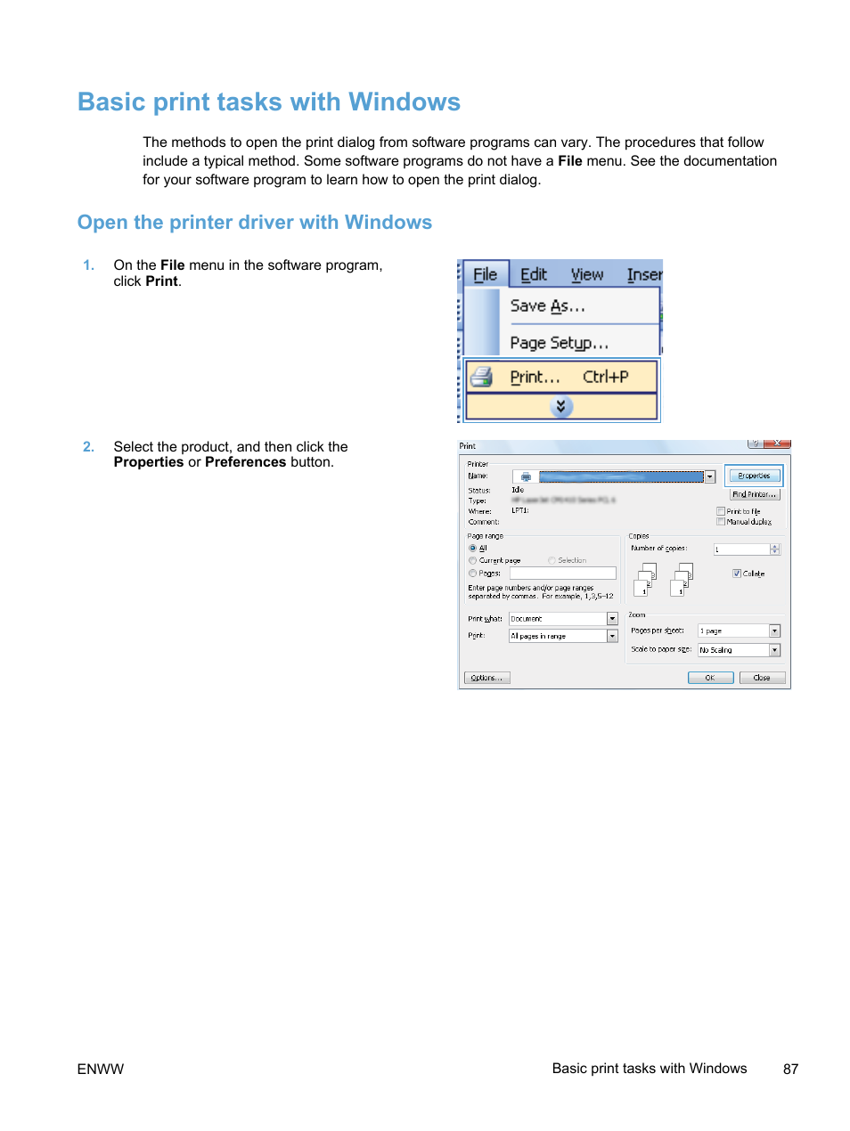 Basic print tasks with windows, Open the printer driver with windows | HP LaserJet Pro 400 color Printer M451 series User Manual | Page 105 / 242