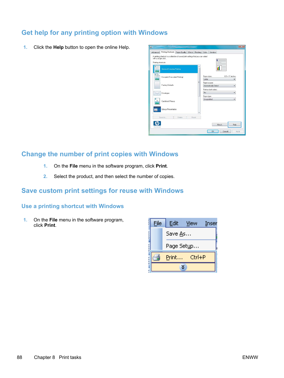 Get help for any printing option with windows, Change the number of print copies with windows, Save custom print settings for reuse with windows | Use a printing shortcut with windows | HP LaserJet Pro 400 color Printer M451 series User Manual | Page 106 / 242